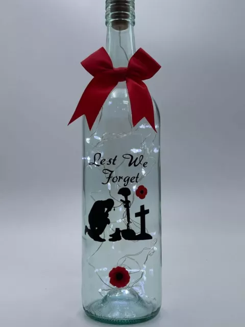 Personalised Poppy Day Remembrance Lest We Forget LED Light up Wine Bottle .