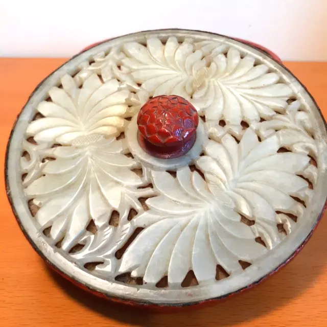 Antique Chinese Cinnabar Round Box Large White Jade Lid Hand Carved