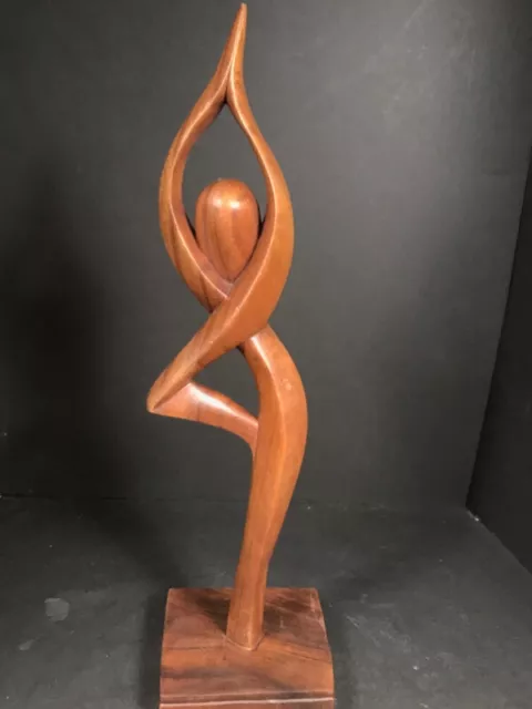 Carved wood Yoga sculpture Vrksasana figure, Vintage wooden tree pose carving,