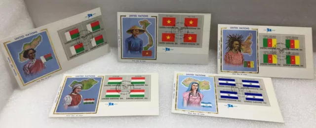 United Nations FDC Lot Of Five Colorano Silk Flag Series Block Of Four