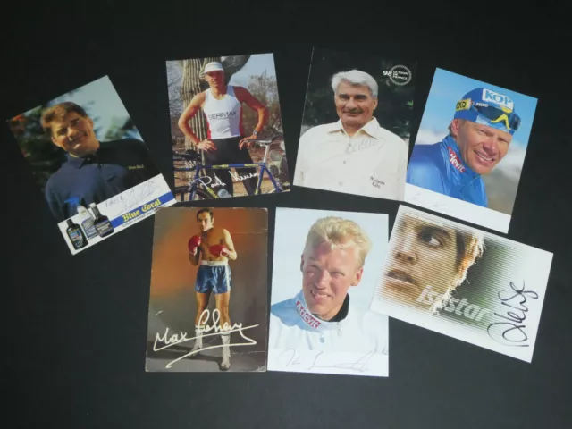 Lot de 7 cartes postales signées, sport dont Poulidor, ski finlandais et boxe