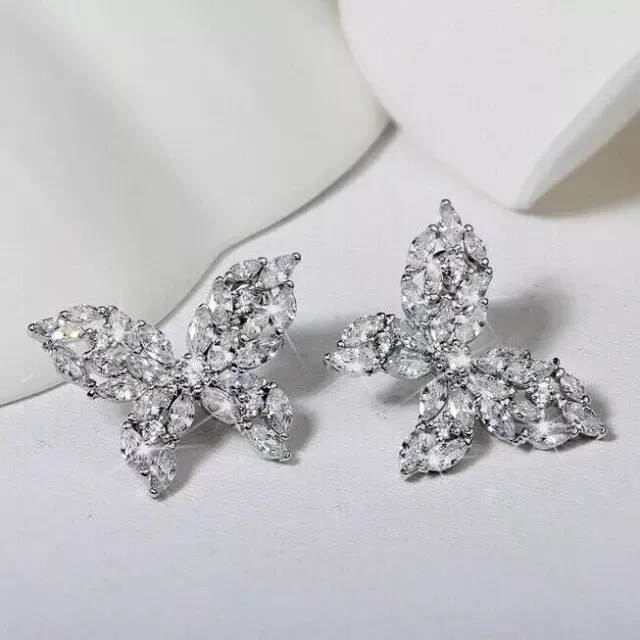 3Ct Marquise Cut Real Moissanite Butterfly Stud Earrings 14K White Gold Plated