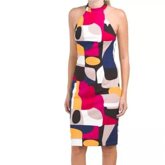 $208 NWT TRINA Trina Turk EMOTION Abstract Halter Ponte Dress 4 Multi-color