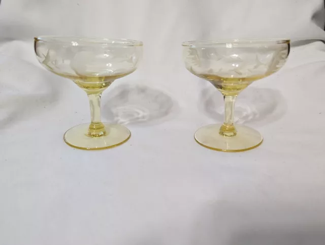Pair of vintage cocktail toasting glasses - yellow, etched