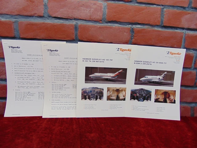 1982 Spec Sheets HAWKER SIDDELEY HS 125-400A/700A Corporate JET Plane SALES