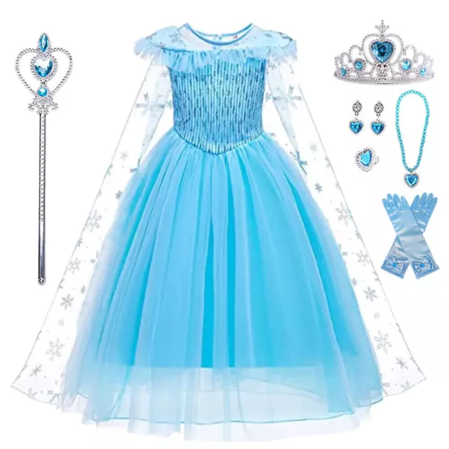 Kids Girls Frozen Dress Fancy Dress Party Cosplay Birthday Costume Outfit +Cape 2