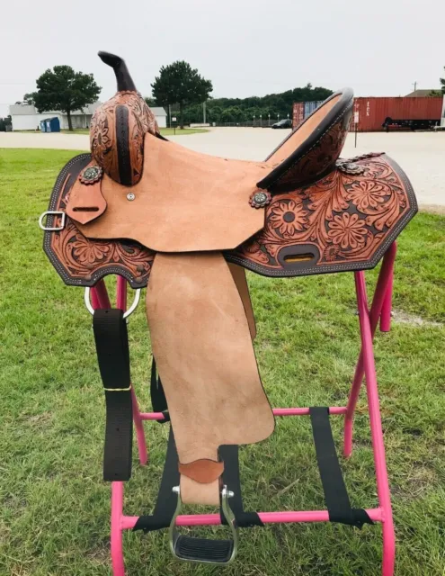 Floral Tooled Adults Western Horse Barrel Saddle 14.5" to 16" With Free Shipping