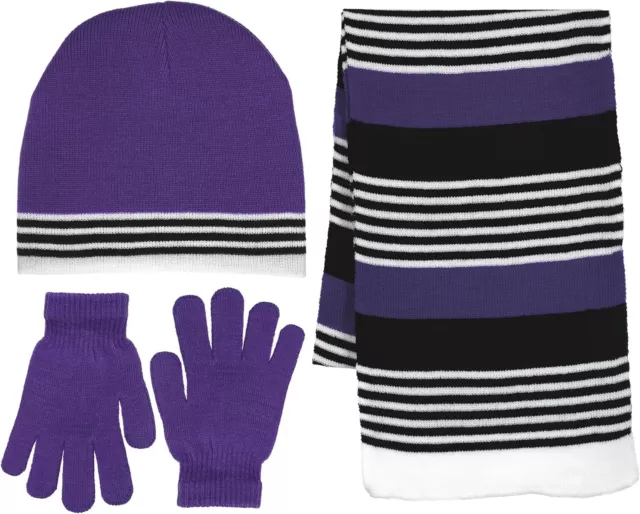Winter Accessory Kit - Beanie Hat, Gloves, and Scarf Set (Purple and Black)