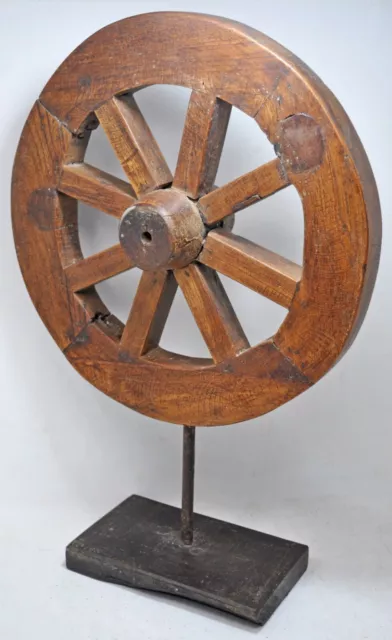 Vintage Wooden Salvage Art Round Cart Wheel On Stand Original Old Hand Crafted 3