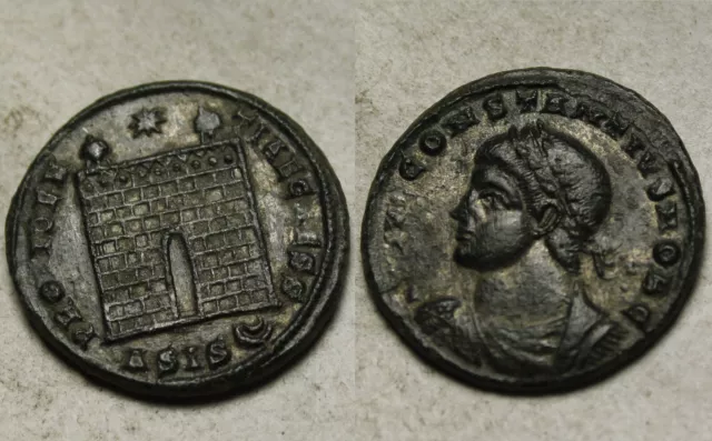 Constantius camp-gate crescent star Rare genuine Ancient Roman coin Silvering