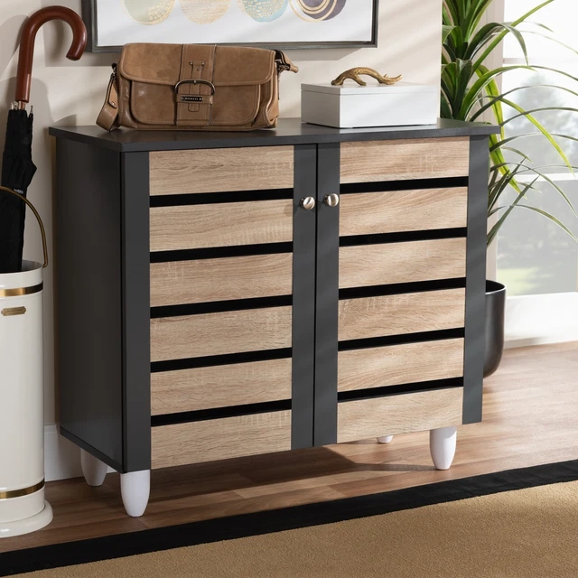 Contemporary Shoe Storage Cabinet Oak Brown and Dark Gray No Drawers