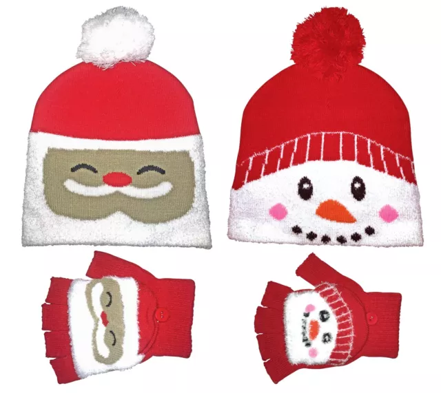 Kids Red Novelty Santa Xmas Pom Pom Bobble Hat and Fingerless Mittens Gloves Set