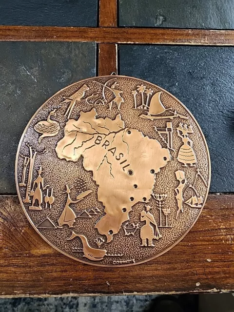 Vintage Cobrarte Hammered Copper Plaque Brazil Map