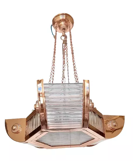 Vintage Art Deco Copper Hanging Ship Glass Rod Ceiling 6 Light Chandelier Lamp