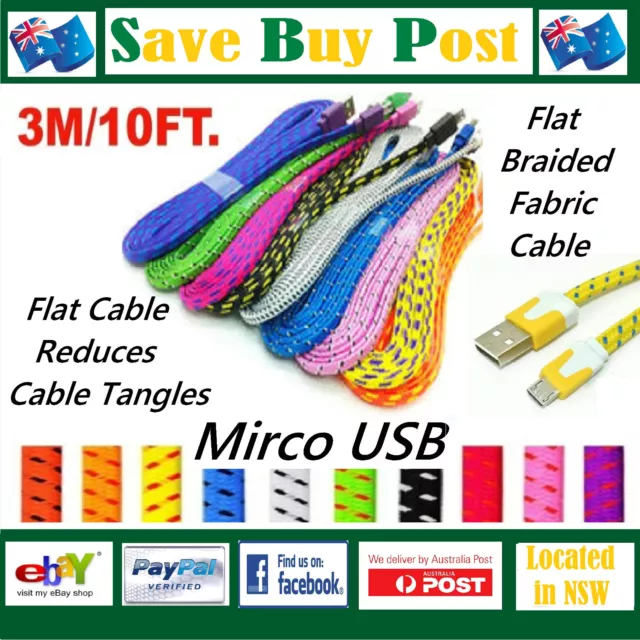 3M Micro USB Flat Braided Fabric Data Charge Cable Samsung HTC Sony LG Nokia S7