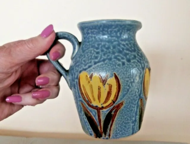 West German Pottery Handled Jug Mid Century Blue Salt Glazed and Yellow Tulips
