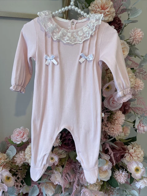 Baby Z, Romper in cotone morbido per ragazze, fiocchi rosa/filant bianco indossato due volte, 3M
