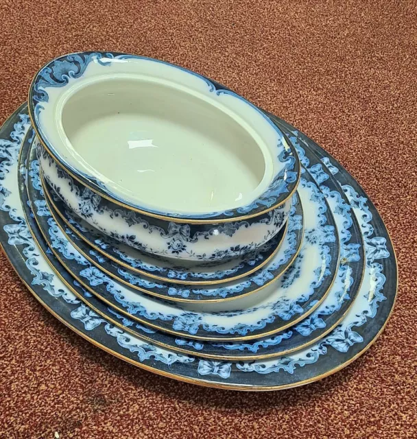 Set Of 5 Antique Albion Pottery Garland Platters & Dish Serving Plates Blue Flow