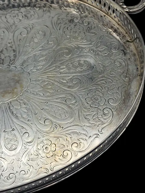 VINTAGE Hallmarked Silver Plate 10" Oval Gallery Serving Platter Tray 3