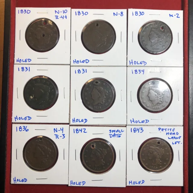 large cent Lot 9 Coins All Holed  1830-1843 Nice Quality Middle Dates Free Ship