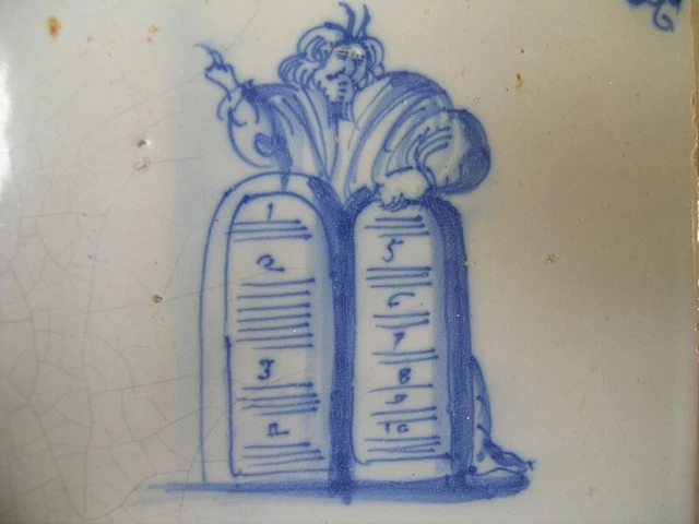 Antique 18th century biblical Delft blue tile 10 commandments Moses (Exodus 20)