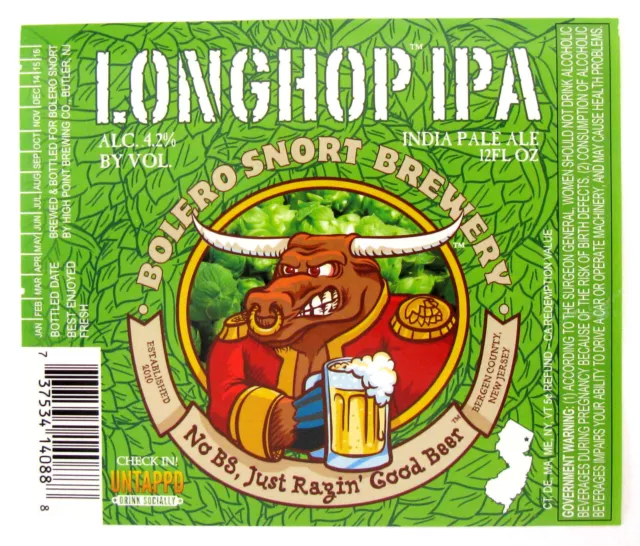 Bolero Snort Brewery by High Point LONGHOP IPA label NJ 12oz Bottled  '14-'16