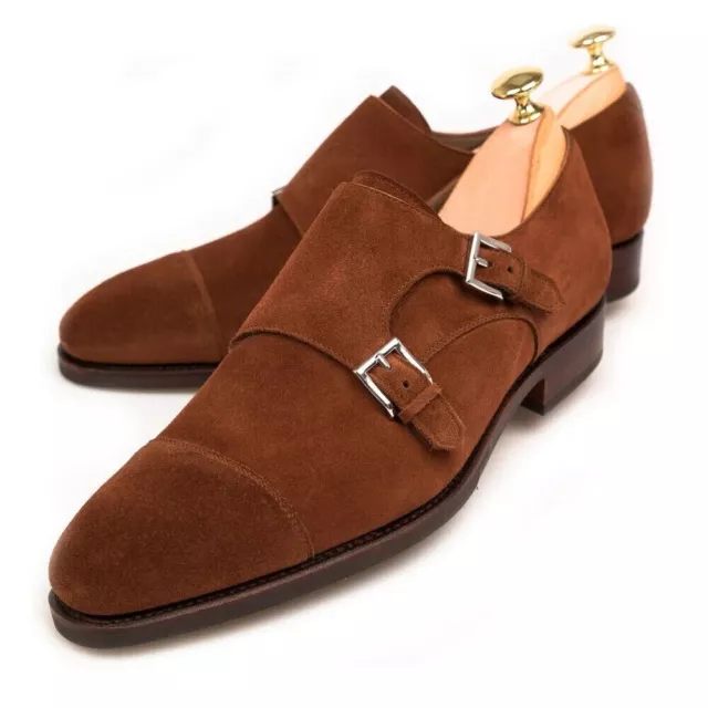 Handmade Men's Brown Suede Leather Monk Strap Classic Formal Dress Shoes