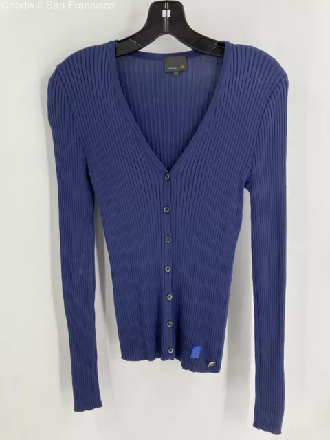 Fendi Womens Blue Silk Italy Long Sleeve Ribbed Knit Cardigan Sweater 42 COA