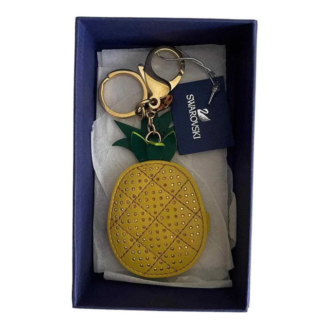 NEW Swarovski Crystal Pineapple Leather Keychain Bag Charm Mirror Gold Tone