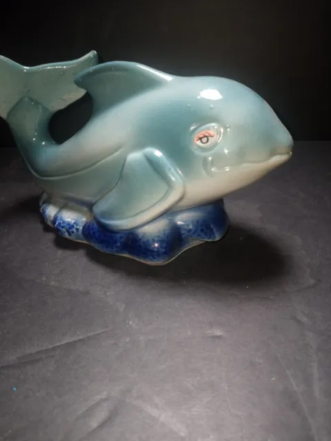 **VTG 1950’s Ceramic Blue Smiling Whale w/Painted Eyes Made in Brazil B-36