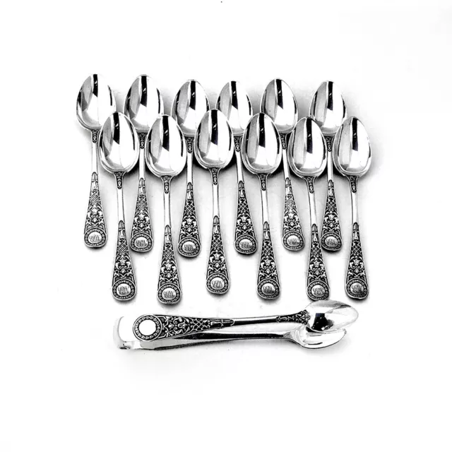 Scottish 12 Coffee Spoons Sugar Tongs Set Sterling Silver 1884 Mono