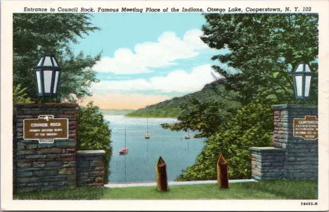 Entrance, Council Rock, Otsego Lake, Cooperstown, New York City - 1947 Postcard