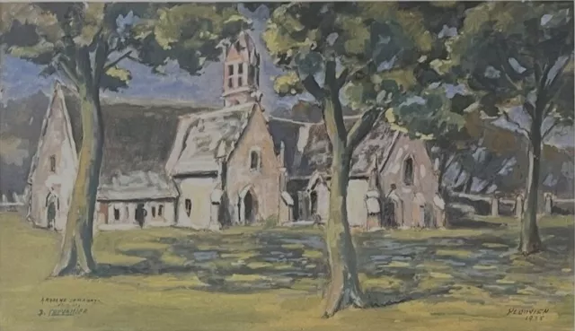 Tableau (XXème) gouache sur papier Bretagne Finistère Plouvien Chapelle St Jaoua