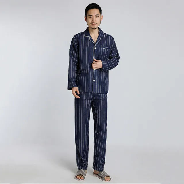 Mens Cotton Double Layer Gauze Long Sleeve Cardigan Lapel Striped Pajamas