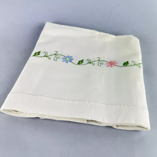 Antico Asciugamano bianco Anni 60 70 in misto Lino Ricamato fiori Vintage Retro
