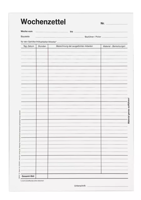 Wochenzettel, Wochenrapport, Arbeitszettel, Stundenzettel, Block 50 Blatt, A4