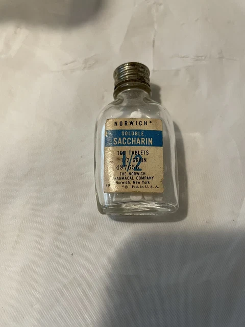 Vintage Bottle with label and lid Norwich Saccharin partial content 1/2 grain