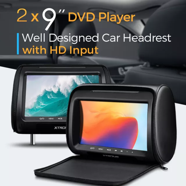 2x 9" HD Screen Car Pillow Headrest Monitor Rear Seat DVD Player Game HDMI USB