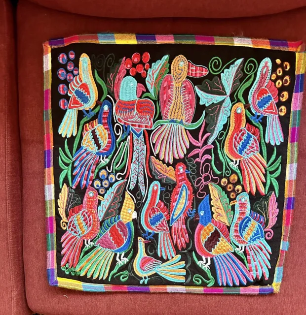 MultiColored On Black Otomi Velvet Mexican Embroidered Animal Pillow Cover 18x18