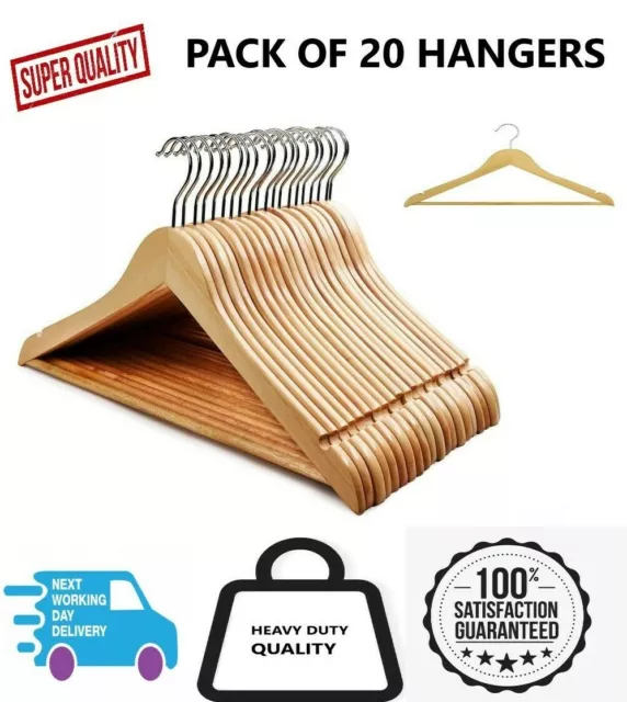 HD 20 x WOODEN HANGERS COAT SUIT GARMENTS CLOTHES WOOD HANGER TROUSER BAR SET