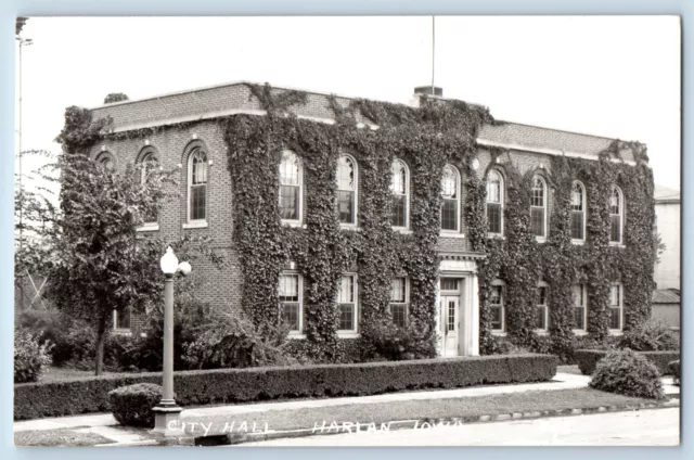 Harlan Iowa IA Postcard RPPC Photo City Hall Building Scene Street c1940's