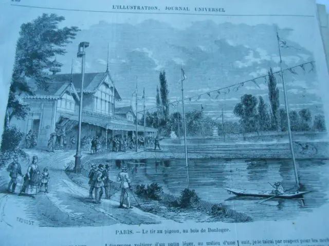Gravure 1872 - Paris Le Tir au Pigeon au Bois de Boulogne