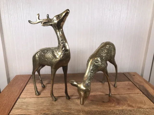 Vintage Pair Of Large Brass Deer Stag  26cm Tall
