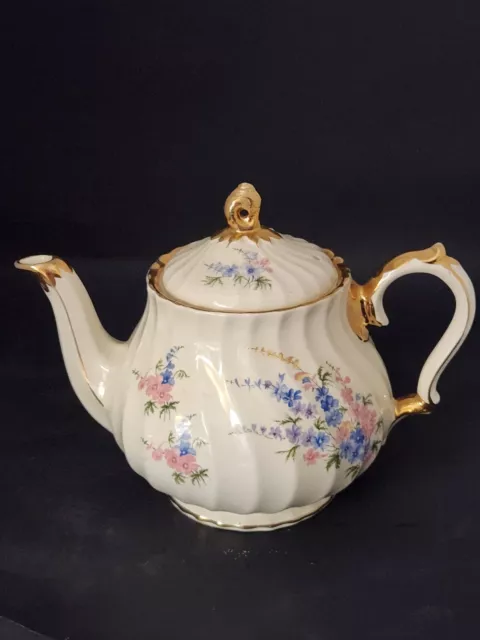 Sadler Teapot England 2748 White Swirl w Blue Pink Cottage Flowers Gold Trim