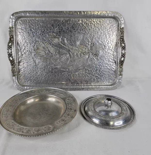 VTG Hand Wrought Hammered Aluminum Handled Floral TRAY Rodney Kent Silver 423