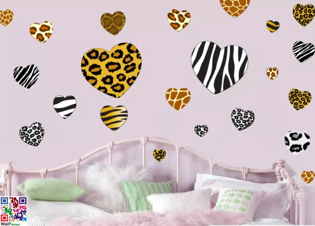 Animal Print Heart Pack of 22 Wall Art Stickers Decals Murals Zebra Tiger