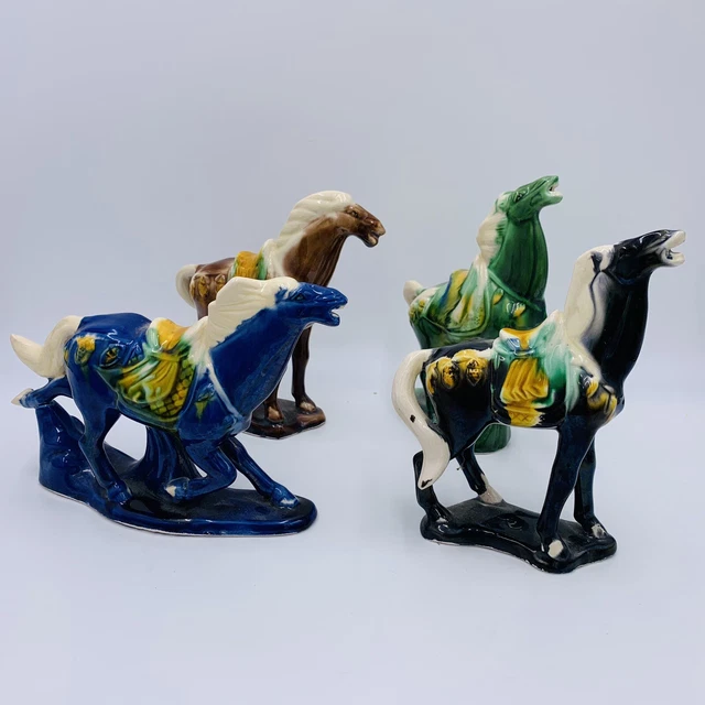 4 vtg Chinese Tang sancai glazed War Horses majolica blue green black Figurine