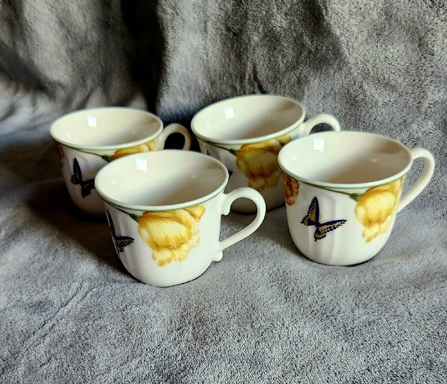 Epoch Summer Meadow Set of 4 Cups Flowers Butterflies Coffee Tea Service Cups