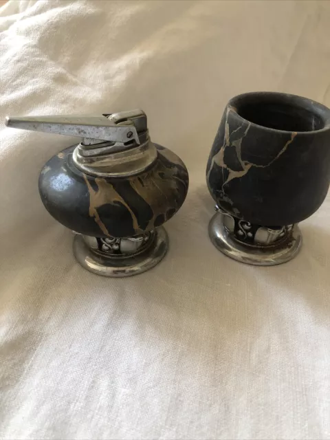 Vintage Ronson Nordic Black Marble Table Lighter & Cigarette Holder Set Untested