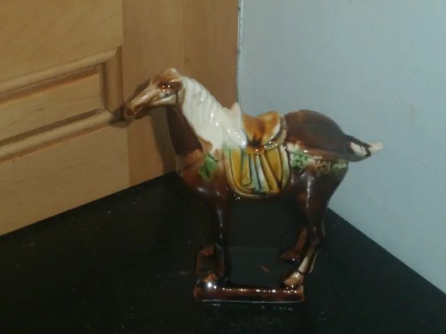 Chinese Tang War Horse Figurine-Regal-Brown-Small-Drop Glaze-Hand Painted